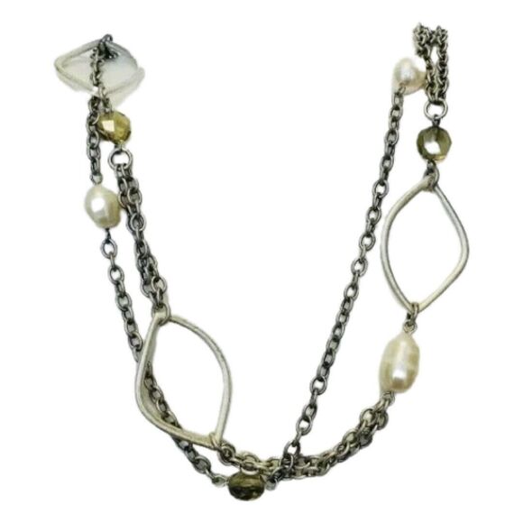 White Pearl Layered Station Necklace 18" Silver Tone Multi-Chain Station - Picture 8 of 10